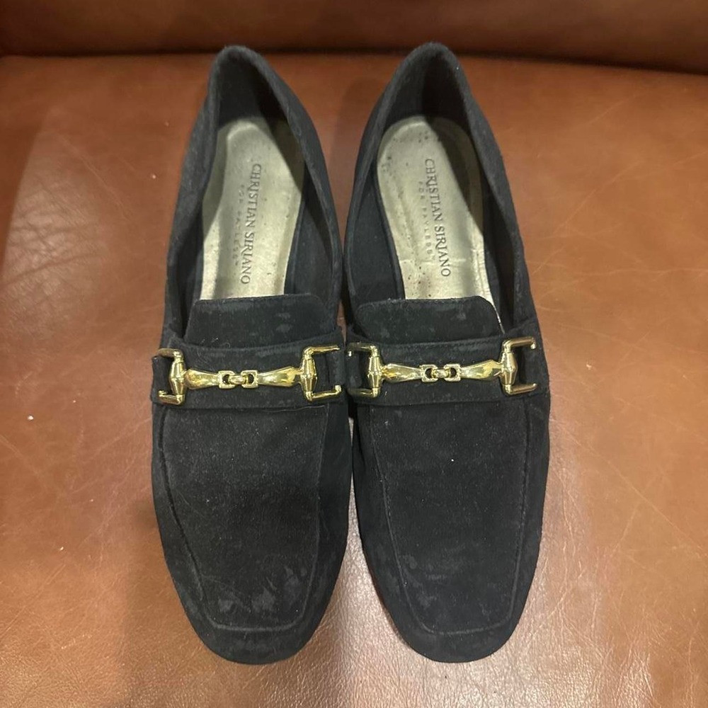 Christian Siriano black suede loafers with gold buckle detail